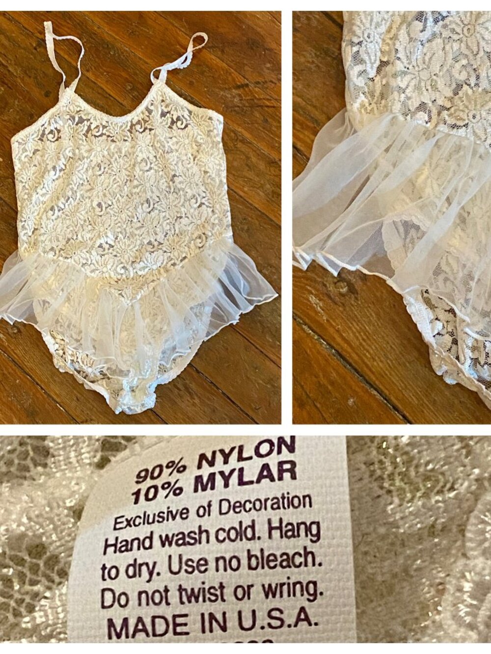 vtg 90s PETRA FASHIONS White Glitter Lace Teddy Romper Chiffon Ruffle Coquette L